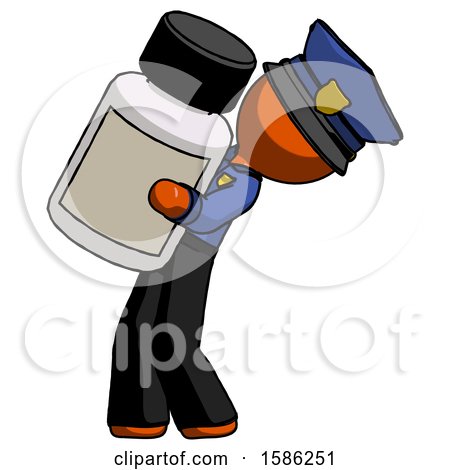 Orange Police Man Holding Large White Medicine Bottle by Leo Blanchette