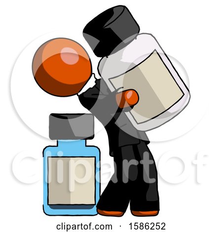 Orange Clergy Man Holding Large White Medicine Bottle with Bottle in Background by Leo Blanchette