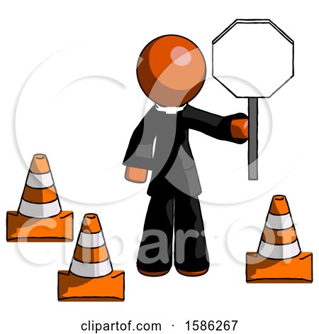 Orange Clergy Man Holding Stop Sign by Traffic Cones Under Construction Concept by Leo Blanchette