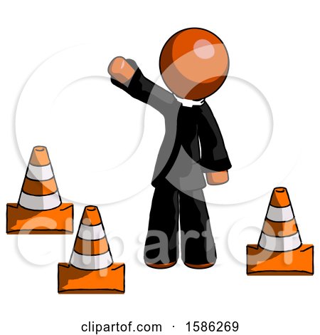 Orange Clergy Man Standing by Traffic Cones Waving by Leo Blanchette