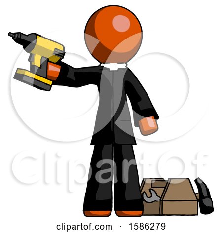 Orange Clergy Man Holding Drill Ready to Work, Toolchest and Tools to Right by Leo Blanchette