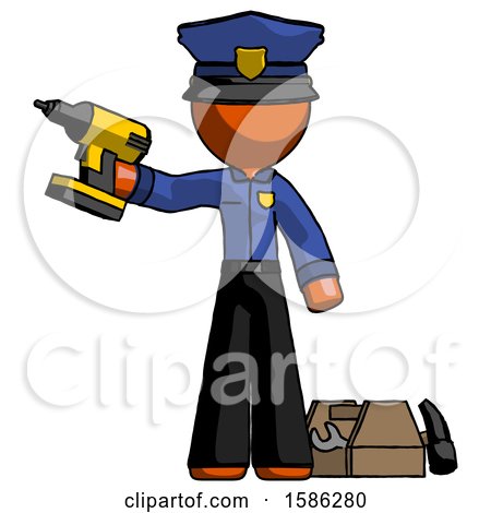 Orange Police Man Holding Drill Ready to Work, Toolchest and Tools to Right by Leo Blanchette