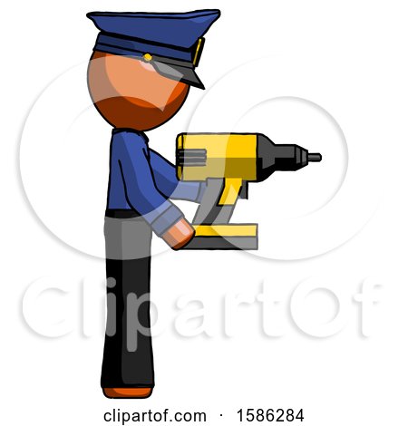 Orange Police Man Using Drill Drilling Something on Right Side by Leo Blanchette