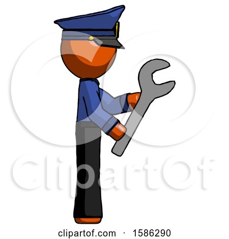 Orange Police Man Using Wrench Adjusting Something to Right by Leo Blanchette