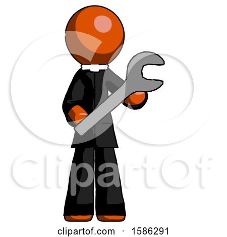 Orange Clergy Man Holding Large Wrench with Both Hands by Leo Blanchette