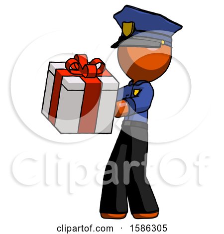 Orange Police Man Presenting a Present with Large Red Bow on It by Leo Blanchette