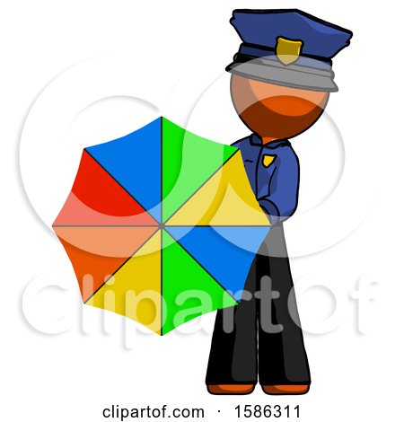 Orange Police Man Holding Rainbow Umbrella out to Viewer by Leo Blanchette