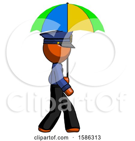 Orange Police Man Walking with Colored Umbrella by Leo Blanchette