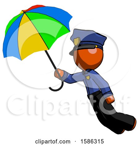 Orange Police Man Flying with Rainbow Colored Umbrella by Leo Blanchette
