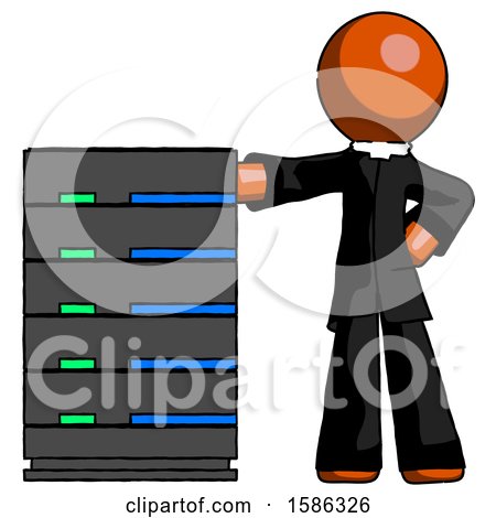 Orange Clergy Man with Server Rack Leaning Confidently Against It by Leo Blanchette
