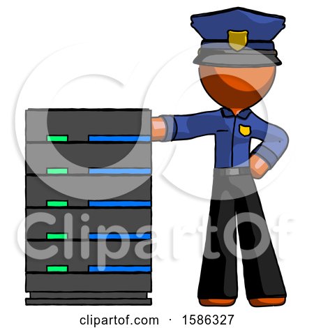 Orange Police Man with Server Rack Leaning Confidently Against It by Leo Blanchette