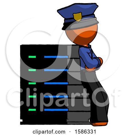 Orange Police Man Resting Against Server Rack Viewed at Angle by Leo Blanchette