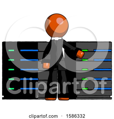 Orange Clergy Man with Server Racks, in Front of Two Networked Systems by Leo Blanchette