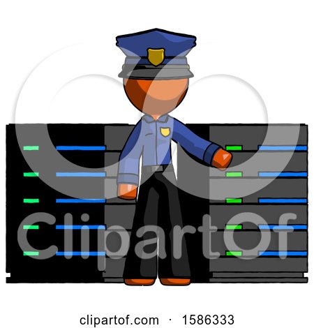 Orange Police Man with Server Racks, in Front of Two Networked Systems by Leo Blanchette
