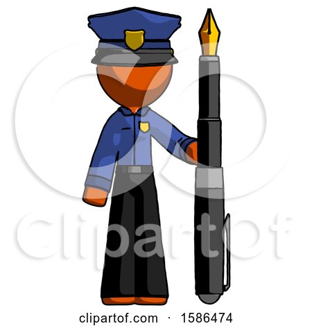 Orange Police Man Holding Giant Calligraphy Pen by Leo Blanchette