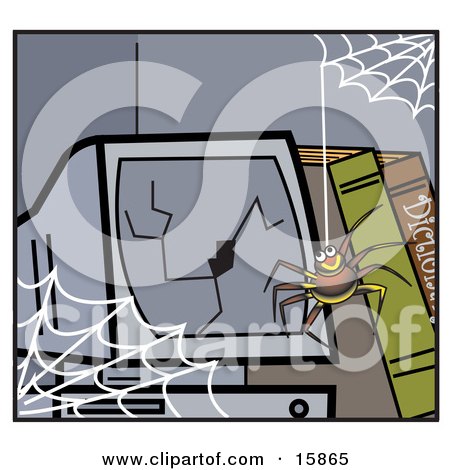 Happy Little Spider Hanging Down From A Web In Front Of A Broken Computer Screen Clipart Illustration by Andy Nortnik