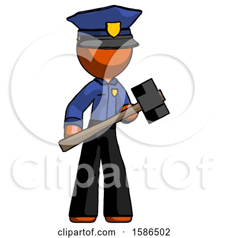 Orange Police Man with Sledgehammer Standing Ready to Work or Defend by Leo Blanchette