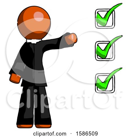 Orange Clergy Man Standing by List of Checkmarks by Leo Blanchette