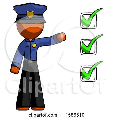 Orange Police Man Standing by List of Checkmarks by Leo Blanchette