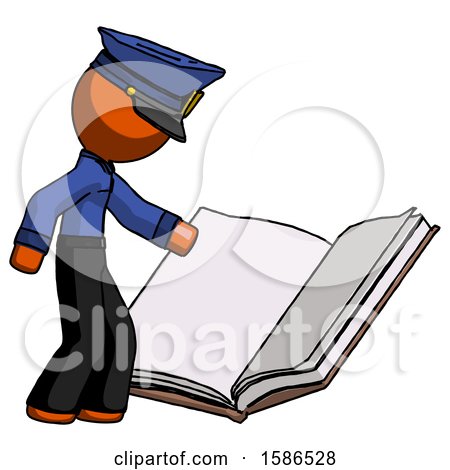 Orange Police Man Reading Big Book While Standing Beside It by Leo Blanchette