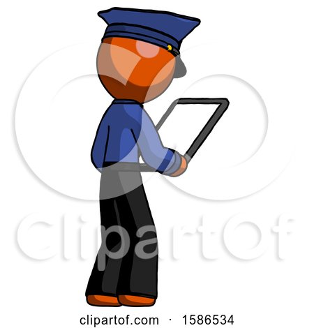 Orange Police Man Looking at Tablet Device Computer Facing Away by Leo Blanchette