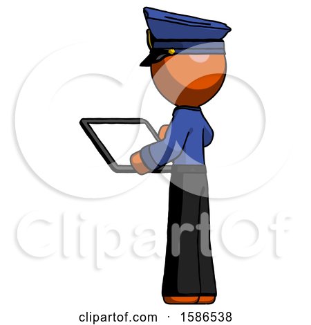 Orange Police Man Looking at Tablet Device Computer with Back to Viewer by Leo Blanchette