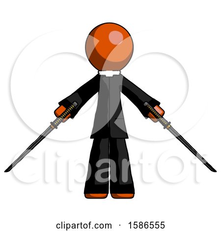 Orange Clergy Man Posing with Two Ninja Sword Katanas by Leo Blanchette