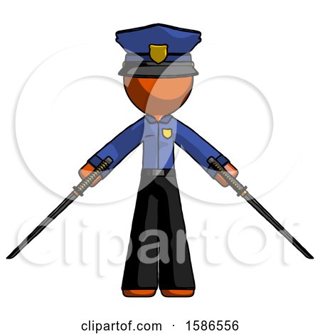 Orange Police Man Posing with Two Ninja Sword Katanas by Leo Blanchette