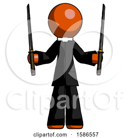 Orange Clergy Man Posing with Two Ninja Sword Katanas up by Leo Blanchette