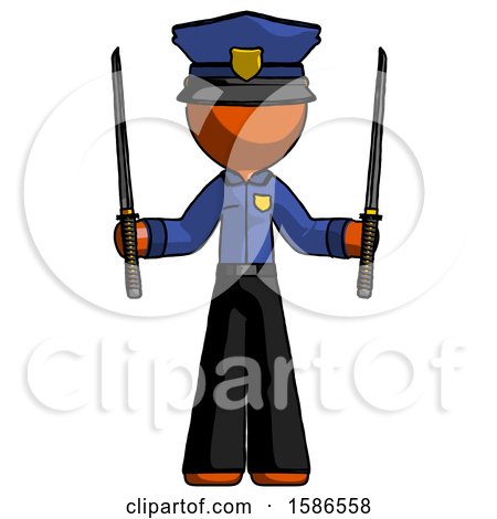 Orange Police Man Posing with Two Ninja Sword Katanas up by Leo Blanchette