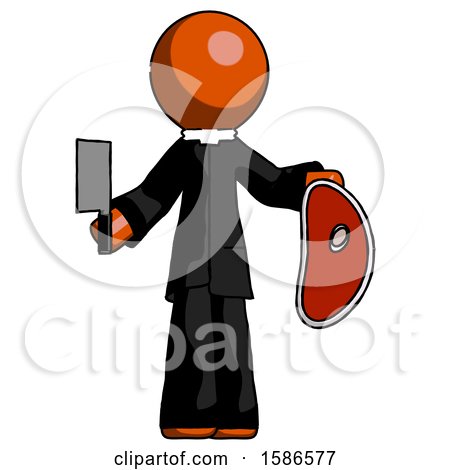 Orange Clergy Man Holding Large Steak with Butcher Knife by Leo Blanchette