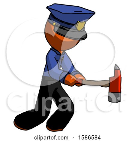Orange Police Man with Ax Hitting, Striking, or Chopping by Leo Blanchette