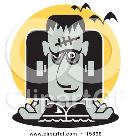 Frankenstein Slumped Over And Bats Flying Past Clipart Illustration by Andy Nortnik