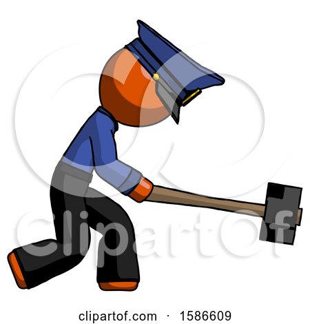 Orange Police Man Hitting with Sledgehammer, or Smashing Something by Leo Blanchette