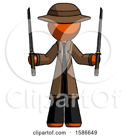 Orange Detective Man Posing with Two Ninja Sword Katanas up by Leo Blanchette