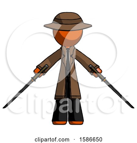 Orange Detective Man Posing with Two Ninja Sword Katanas by Leo Blanchette