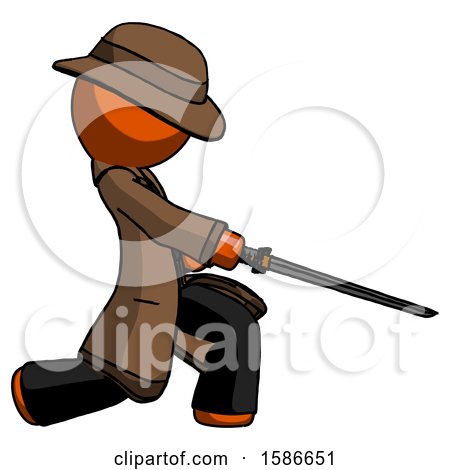 Orange Detective Man with Ninja Sword Katana Slicing or Striking Something by Leo Blanchette
