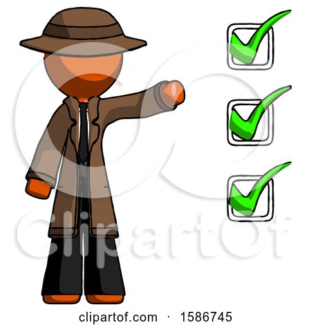 Orange Detective Man Standing by List of Checkmarks by Leo Blanchette