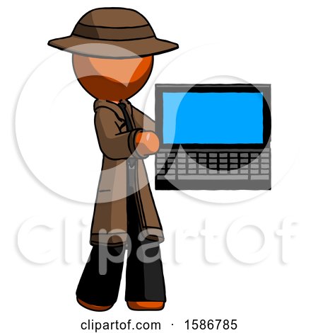 Orange Detective Man Holding Laptop Computer Presenting Something on Screen by Leo Blanchette