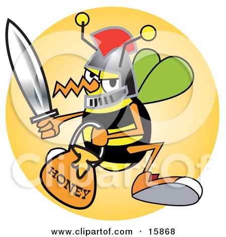 Bee In A Helmet, Holding A Sword And Carrying A Bucket Of Honey Clipart Illustration by Andy Nortnik
