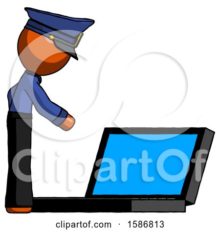 Orange Police Man Using Large Laptop Computer Side Orthographic View by Leo Blanchette