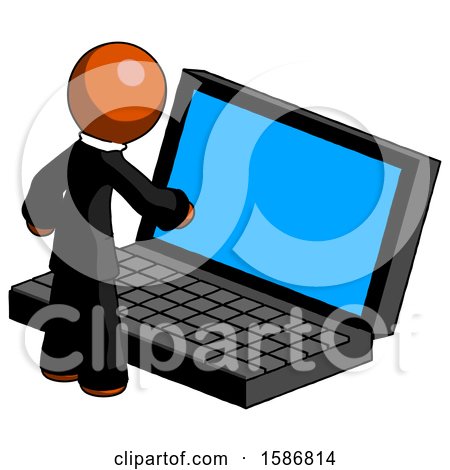 Orange Clergy Man Using Large Laptop Computer by Leo Blanchette