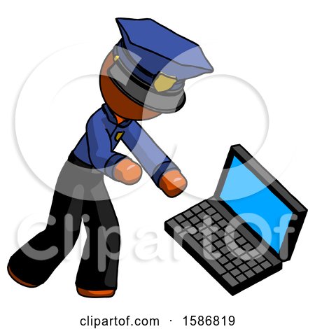 Orange Police Man Throwing Laptop Computer in Frustration by Leo Blanchette