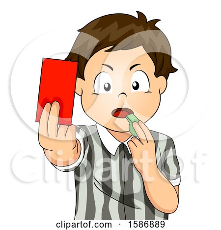 Clipart of a Brunette White Boy Referee Blowing a Whistle and Holding a Red Card - Royalty Free Vector Illustration by BNP Design Studio