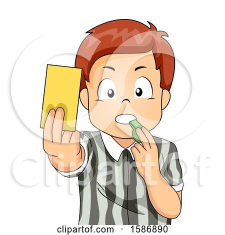 Clipart of a Brunette White Boy Referee Holding a Yellow Card Blowing a Whistle - Royalty Free Vector Illustration by BNP Design Studio