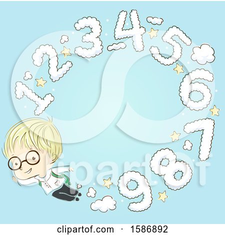 Clipart of a Blond White Boy Flying and Pumping out Numbers Clouds - Royalty Free Vector Illustration by BNP Design Studio