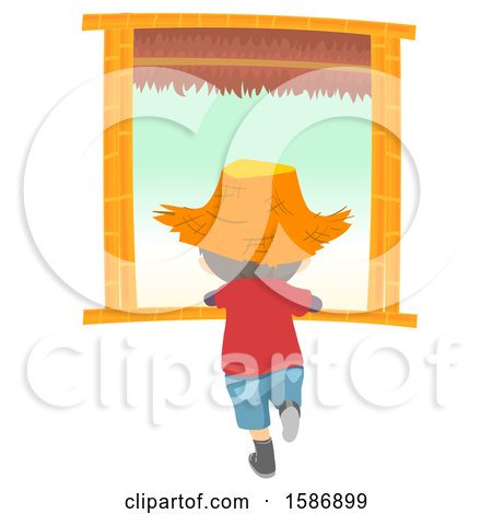 Clipart of a Rear View of a Boy Wearing a Straw Hat and Looking out of a Window - Royalty Free Vector Illustration by BNP Design Studio