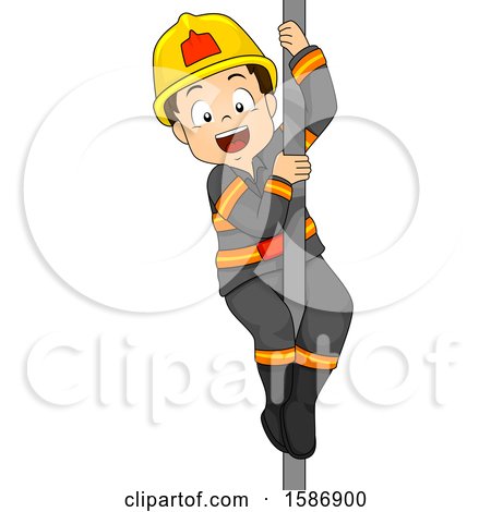 Clipart of a Brunette White Boy Fireman Riding down a Fire Pole - Royalty Free Vector Illustration by BNP Design Studio