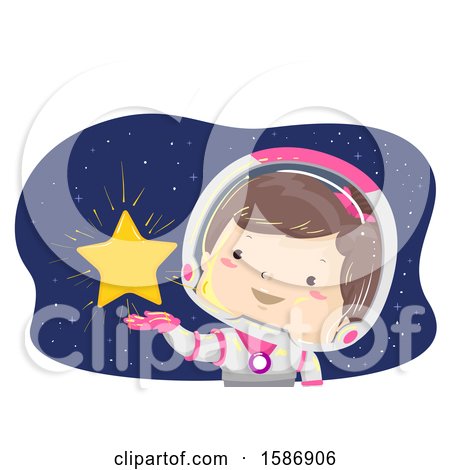 Clipart of a Brunette White Girl Astronaut Showing a Glowing Star to Her Right - Royalty Free Vector Illustration by BNP Design Studio