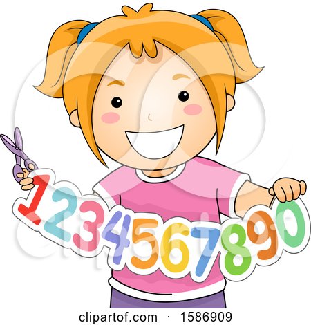 Clipart of a Red Haired White Girl Holding Numbers Cut out and Scissors - Royalty Free Vector Illustration by BNP Design Studio